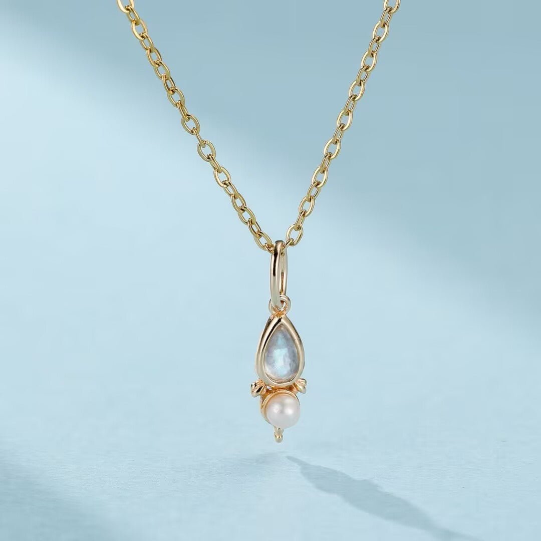 Collier Labradorite Perle Lumière d'Atlantis Argent Plaqué Or - Biloria