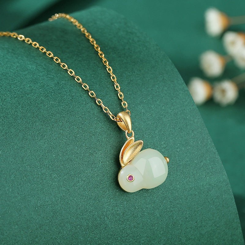 Collier Lapin en Jade et Argent Plaqué Or – Symbole de Sagesse - Biloria