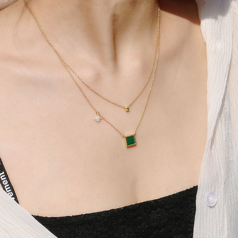 Collier Malachite Cube et Zircon – Argent Plaqué Or - Biloria