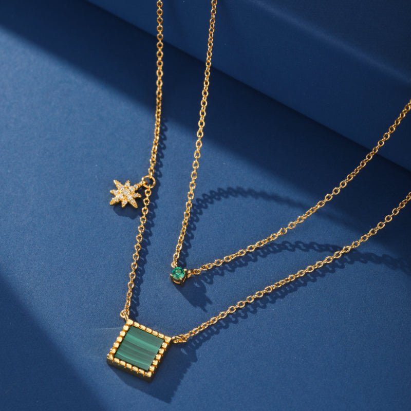 Collier Malachite Cube et Zircon – Argent Plaqué Or - Biloria