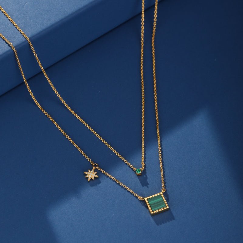 Collier Malachite Cube et Zircon – Argent Plaqué Or - Biloria