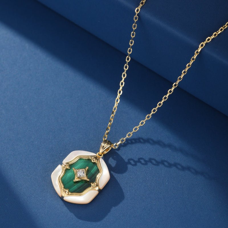 Collier Malachite Nacre Argent Plaqué Or Bijou Fait Main - Biloria