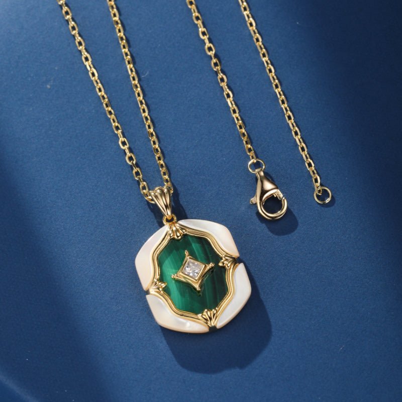 Collier Malachite Nacre Argent Plaqué Or Bijou Fait Main - Biloria