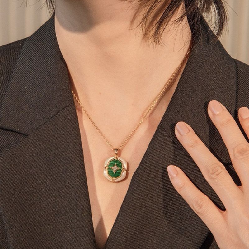 Collier Malachite Nacre Argent Plaqué Or Bijou Fait Main - Biloria