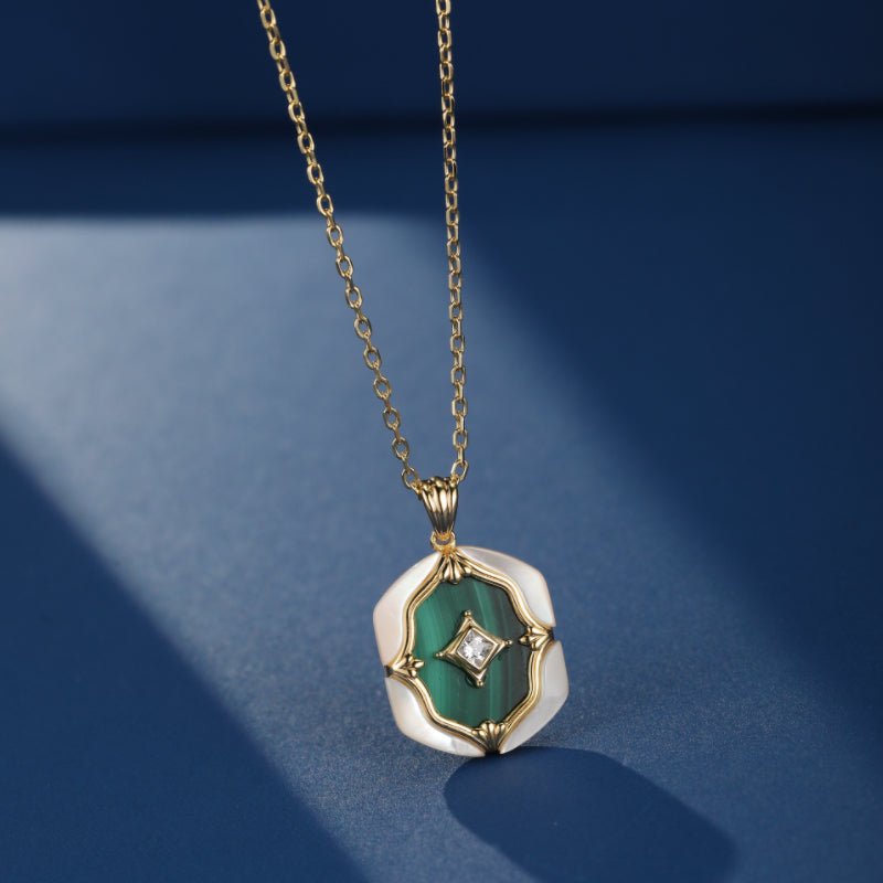 Collier Malachite Nacre Argent Plaqué Or Bijou Fait Main - Biloria