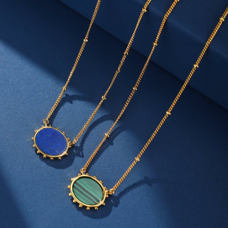 Collier Malachite ou Lapis Lazuli Ovale Argent Plaqué Or - Biloria