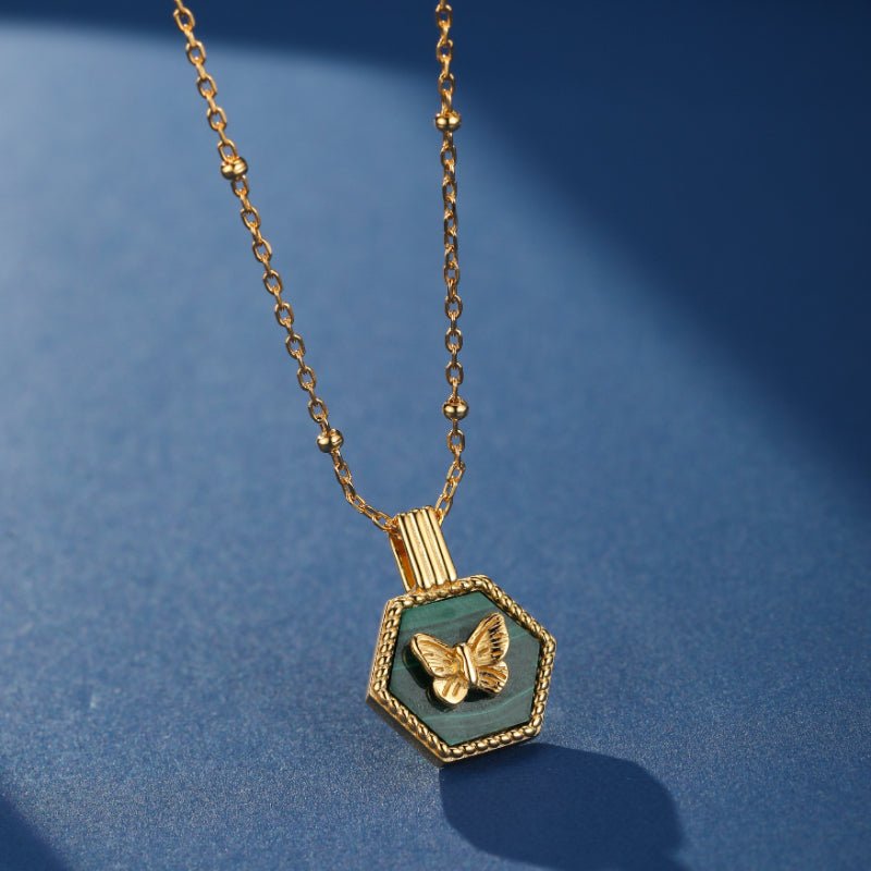 Collier Malachite Papillon Argent Plaqué Or - Biloria