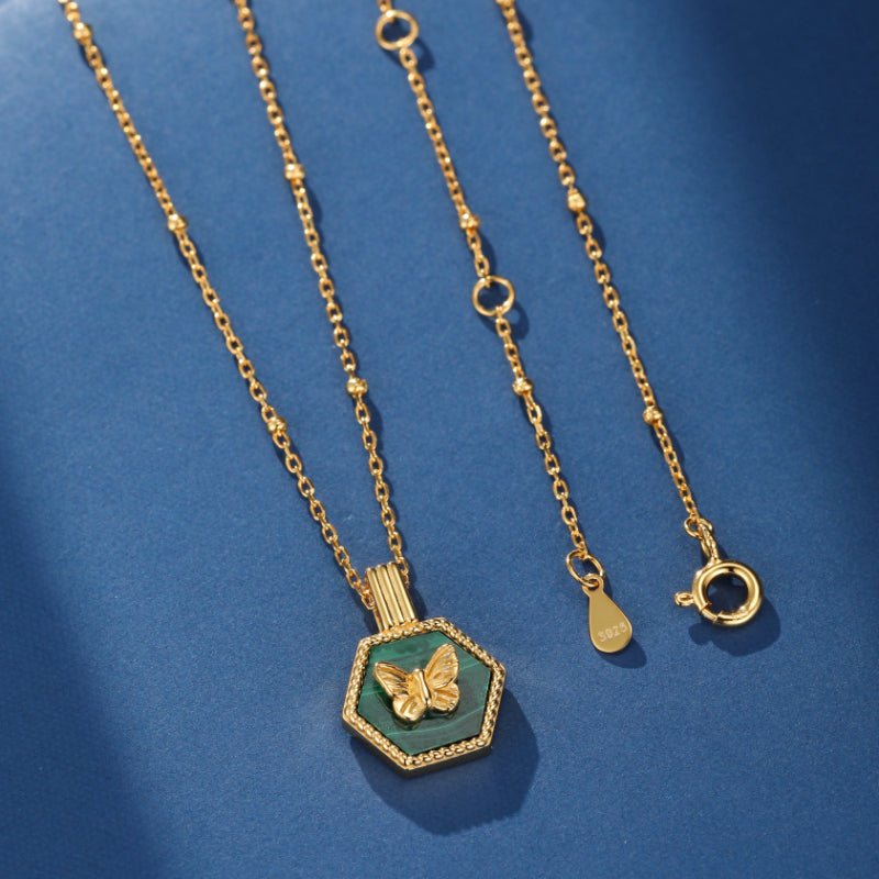 Collier Malachite Papillon Argent Plaqué Or - Biloria