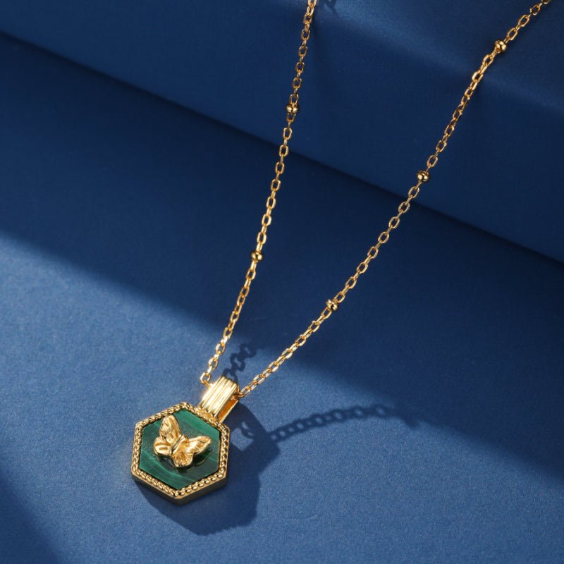 Collier Malachite Papillon Argent Plaqué Or - Biloria