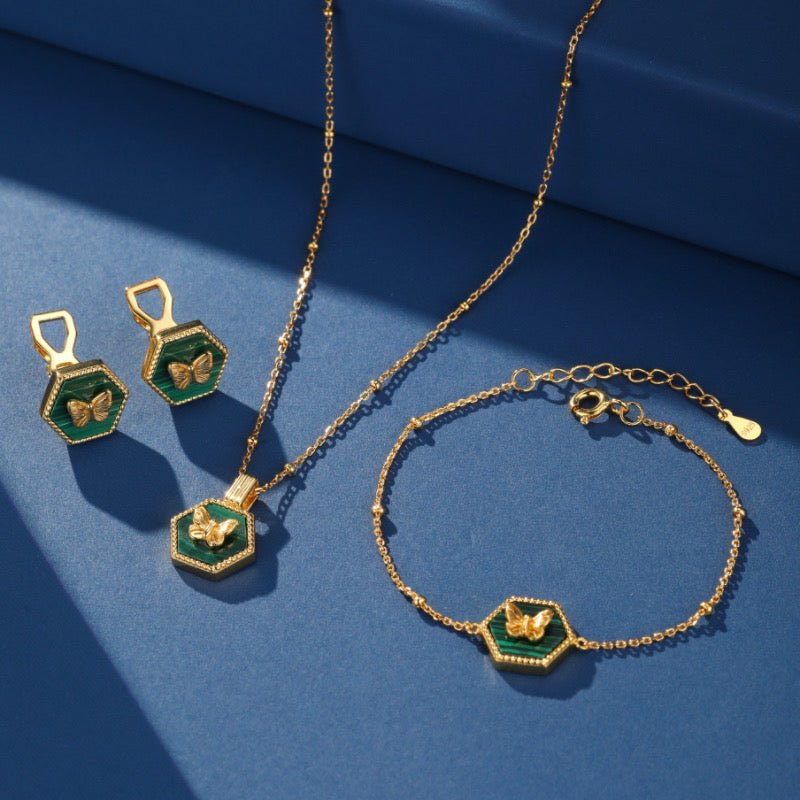 Collier Malachite Papillon Argent Plaqué Or - Biloria