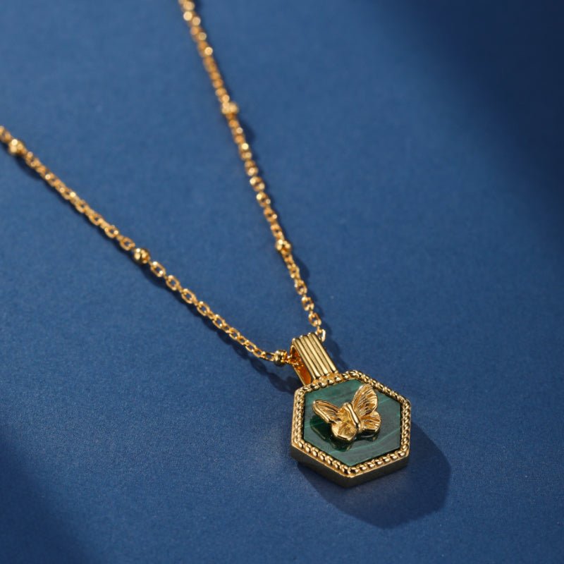 Collier Malachite Papillon Argent Plaqué Or - Biloria