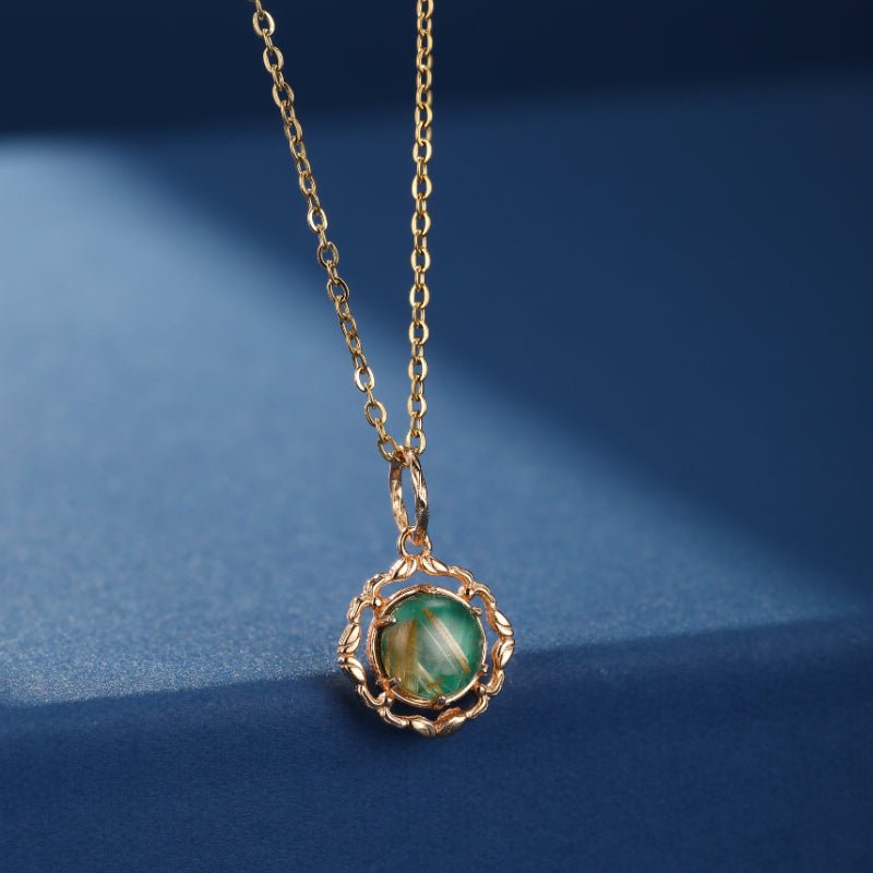 Collier Malachite Quartz Rutile Argent Plaqué Or – Pendentif Impérial - Biloria