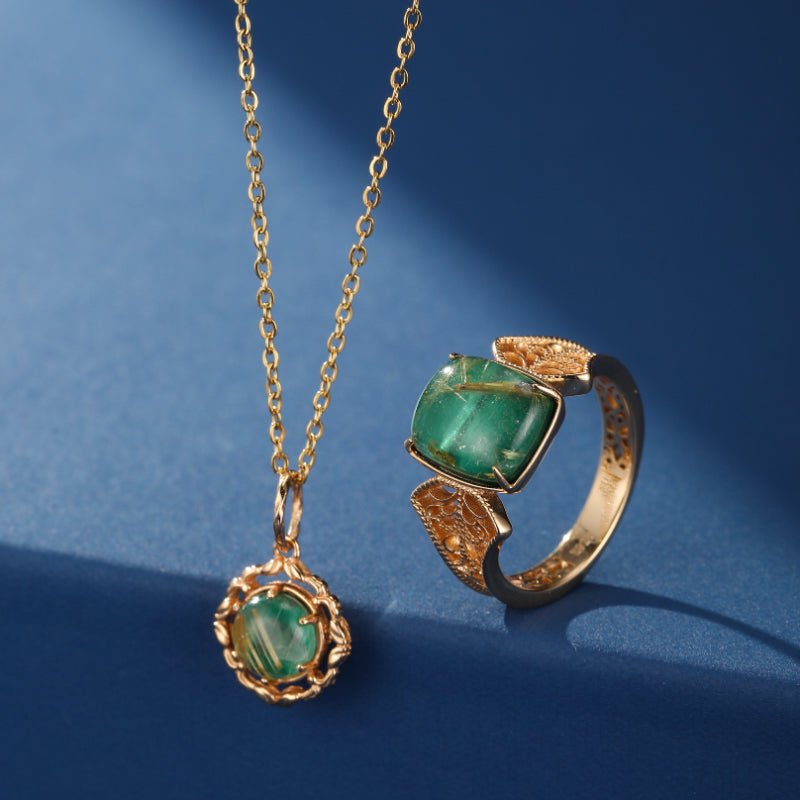 Collier Malachite Quartz Rutile Argent Plaqué Or – Pendentif Impérial - Biloria