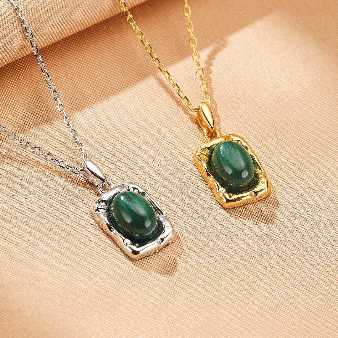 Collier Malachite Rectangulaire en Argent Massif ou Plaqué Or - Biloria