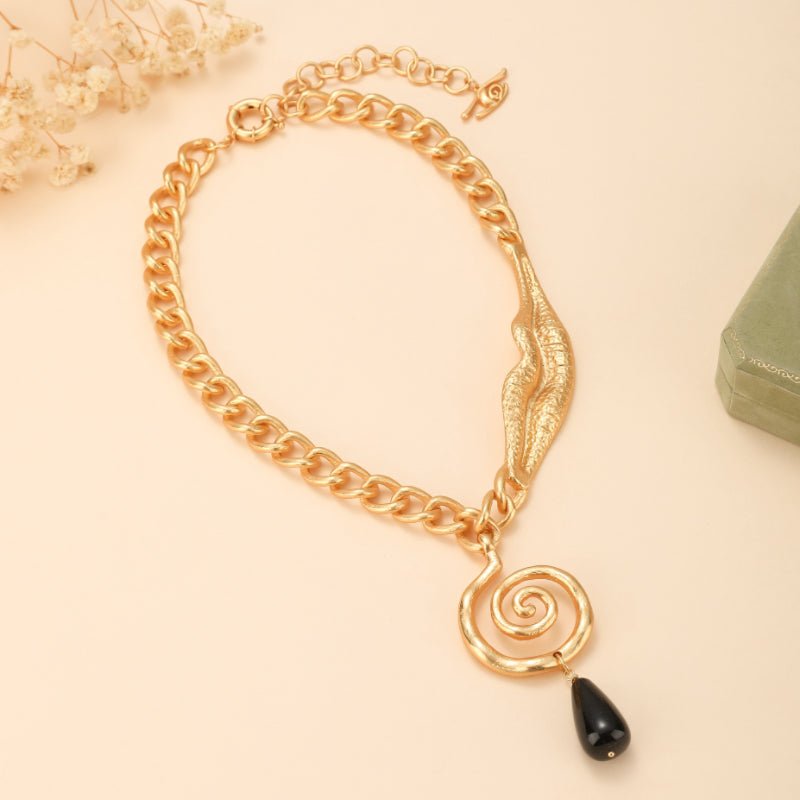 Collier Obsidienne Noire Spirale Dorée Protection Spirituelle - Biloria