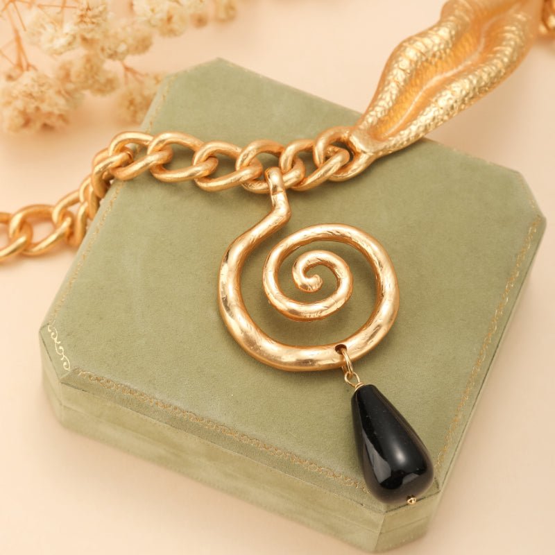 Collier Obsidienne Noire Spirale Dorée Protection Spirituelle - Biloria