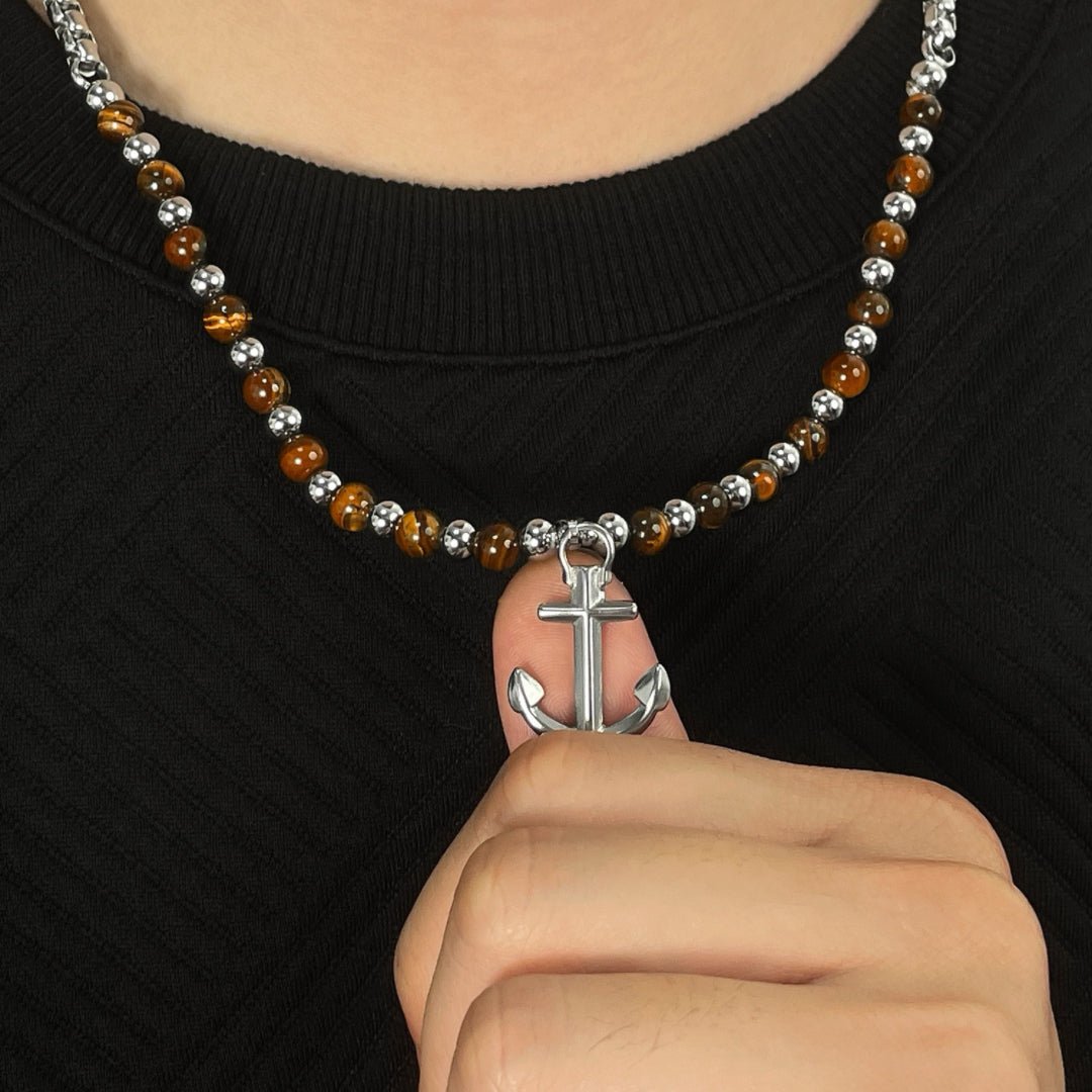 Collier Œil de Tigre Ancre Marine pour Homme - Biloria