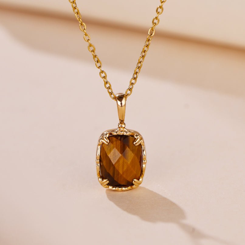 Collier Œil de Tigre Quartz Rose Charme Solaire Argent Plaqué Or - Biloria