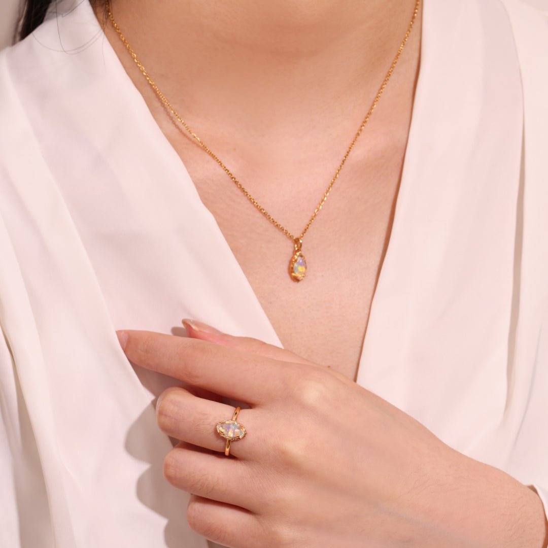 Collier Opale Flamme Mystique Argent Plaqué Or - Biloria