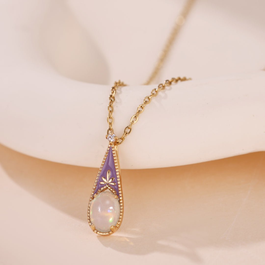 Collier Opale Goutte et Fleur Argent Plaqué Or - Biloria