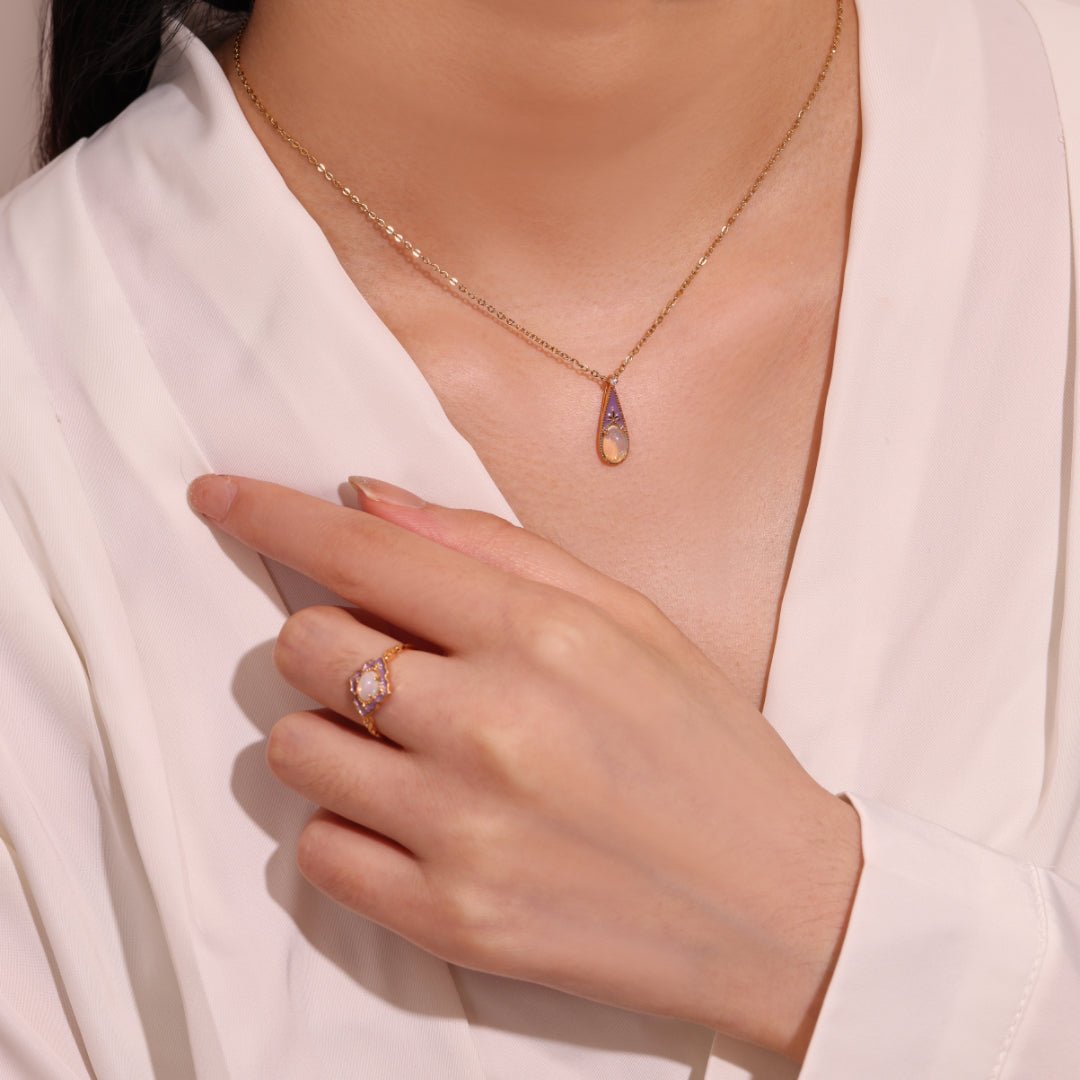 Collier Opale Goutte et Fleur Argent Plaqué Or - Biloria