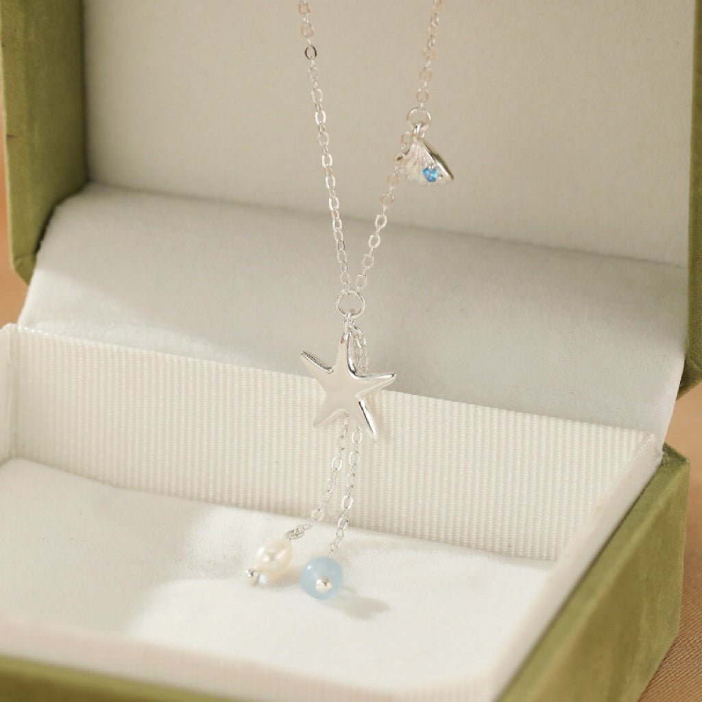 Collier Pendentif Étoile de Mer – Aigue-marine et Perle, Argent 925 - Biloria