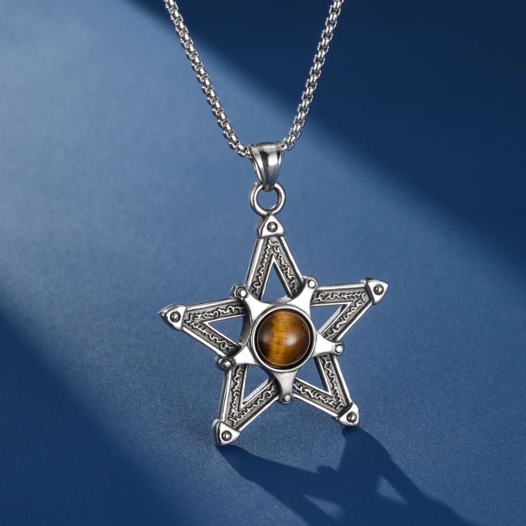 Collier Pentacle Œil de Tigre Homme – Acier Inoxydable - Biloria