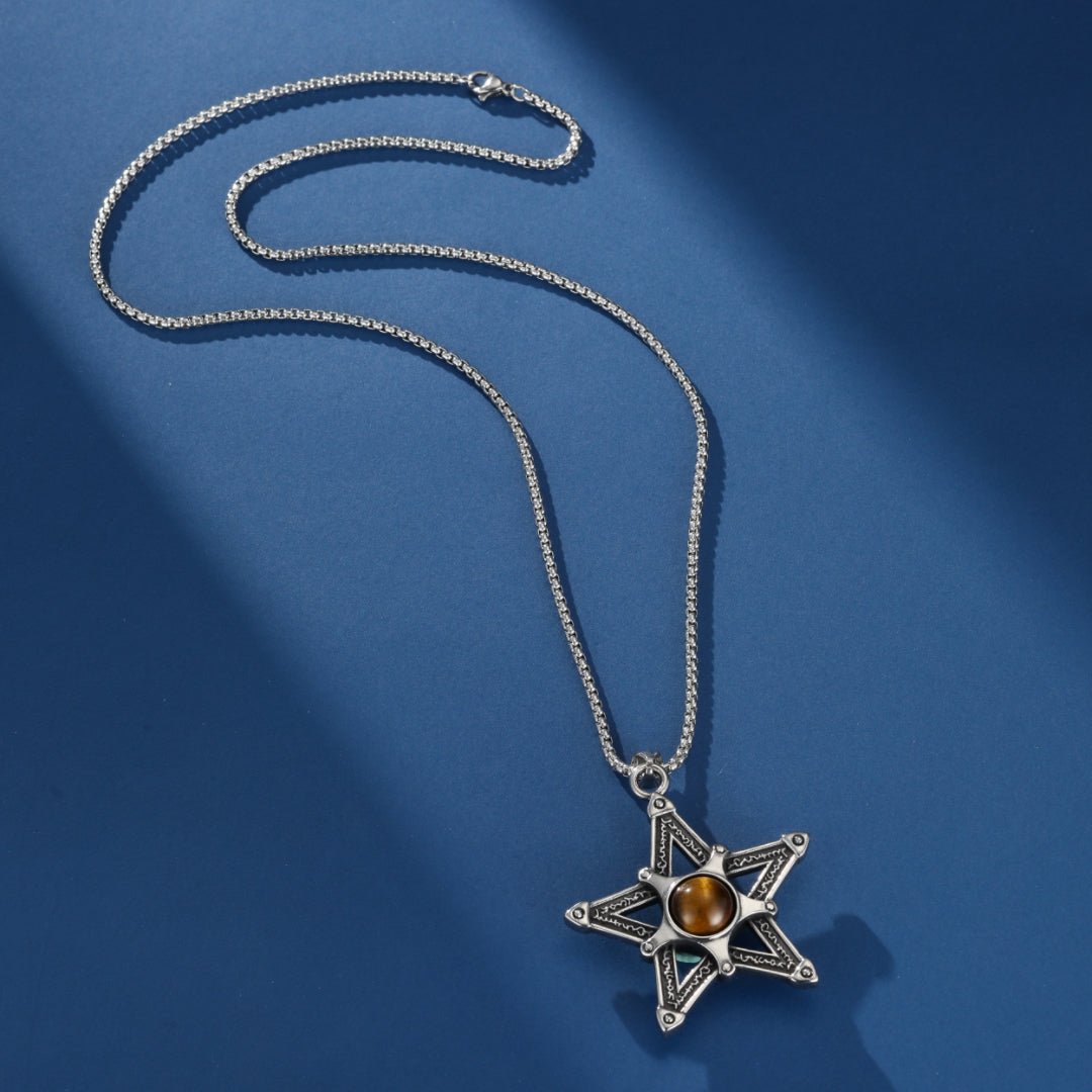 Collier Pentacle Œil de Tigre Homme – Acier Inoxydable - Biloria