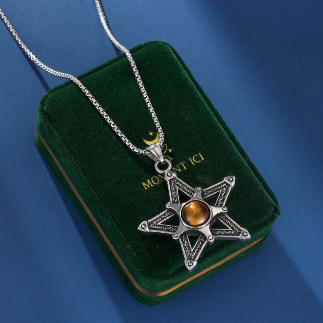 Collier Pentacle Œil de Tigre Homme – Acier Inoxydable - Biloria