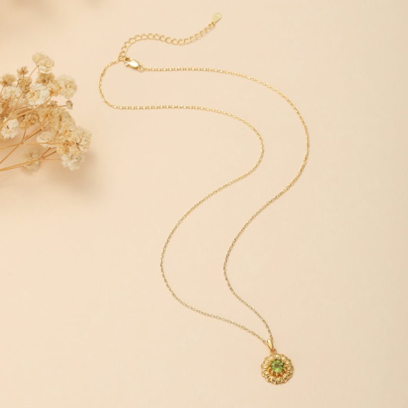 Collier Péridot Fleur Rayonnante, Argent Plaqué Or 3,4g - Biloria