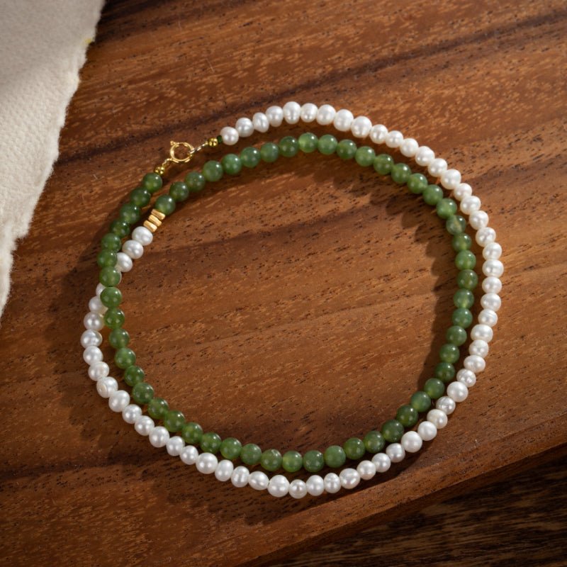 Collier Perle et Jade Jardin Secret en Argent Plaqué Or 42 cm - Biloria