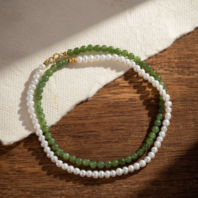 Collier Perle et Jade Jardin Secret en Argent Plaqué Or 42 cm - Biloria