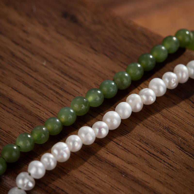 Collier Perle et Jade Jardin Secret en Argent Plaqué Or 42 cm - Biloria