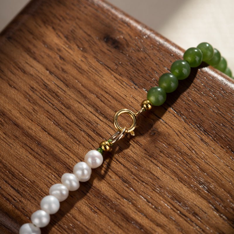 Collier Perle et Jade Jardin Secret en Argent Plaqué Or 42 cm - Biloria