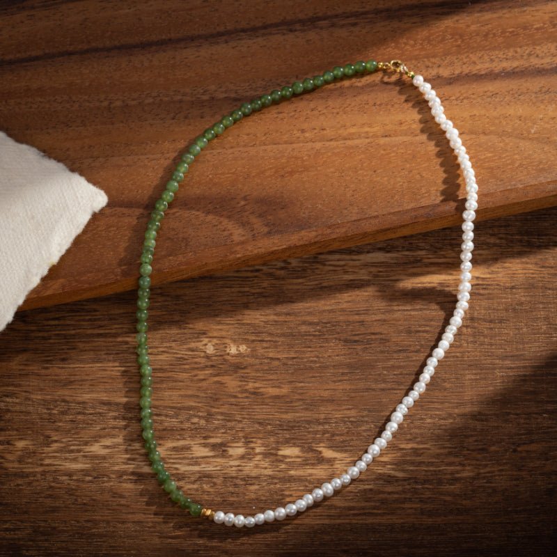 Collier Perle et Jade Jardin Secret en Argent Plaqué Or 42 cm - Biloria