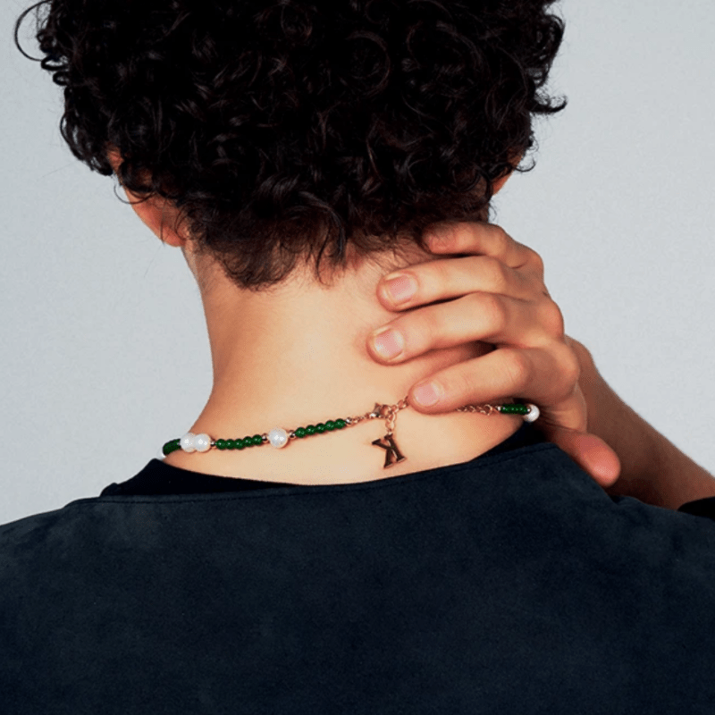 Collier Perle Homme Agate Verte Plaqué Or Bien-être - Biloria