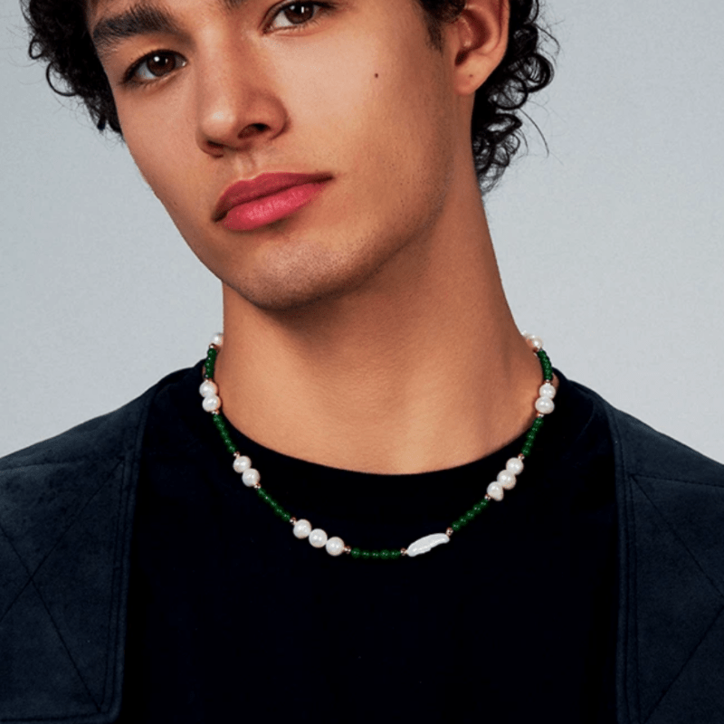 Collier Perle Homme Agate Verte Plaqué Or Bien-être - Biloria