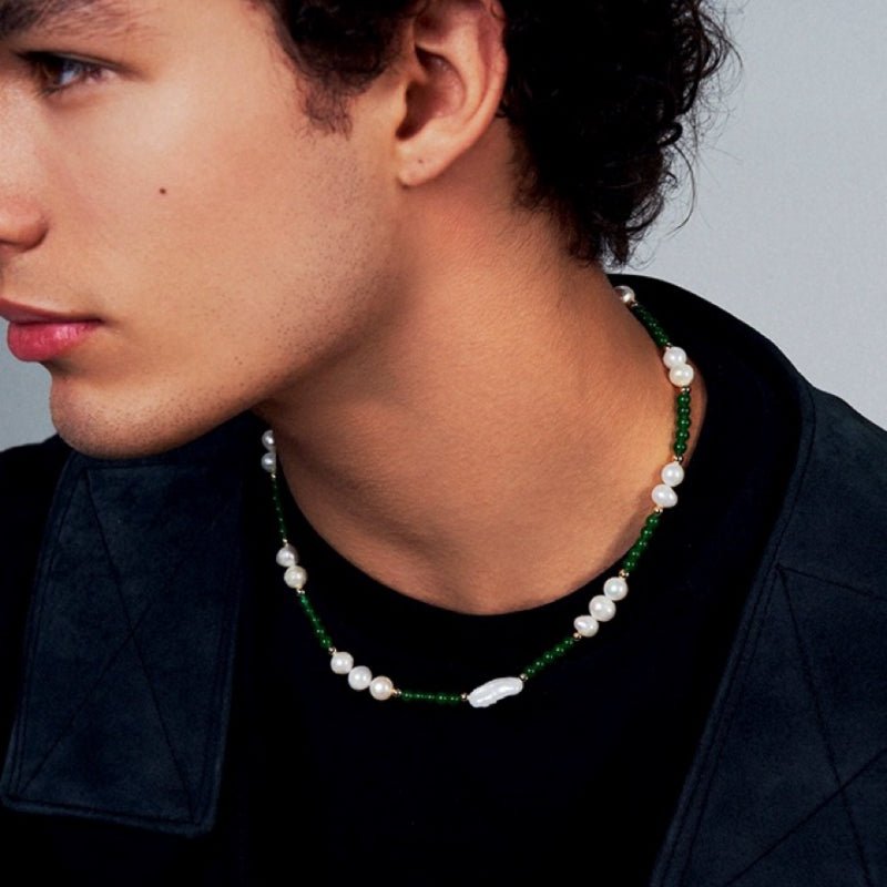 Collier Perle Homme Agate Verte Plaqué Or Bien-être - Biloria