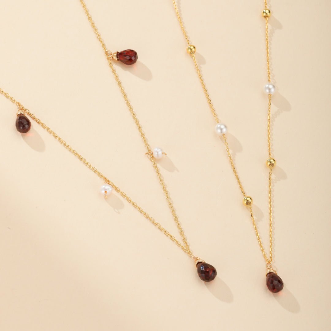 Collier Perles Grenat Argent Plaqué Or 14K - Cadeau Passion - Biloria