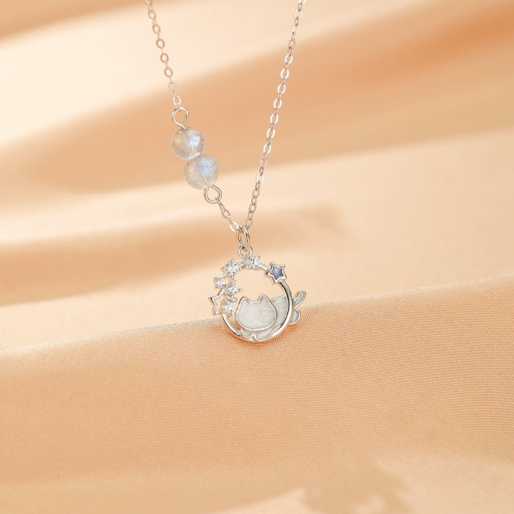 Collier Pierre de Lune Argent S925 avec Chat et Lune - Biloria