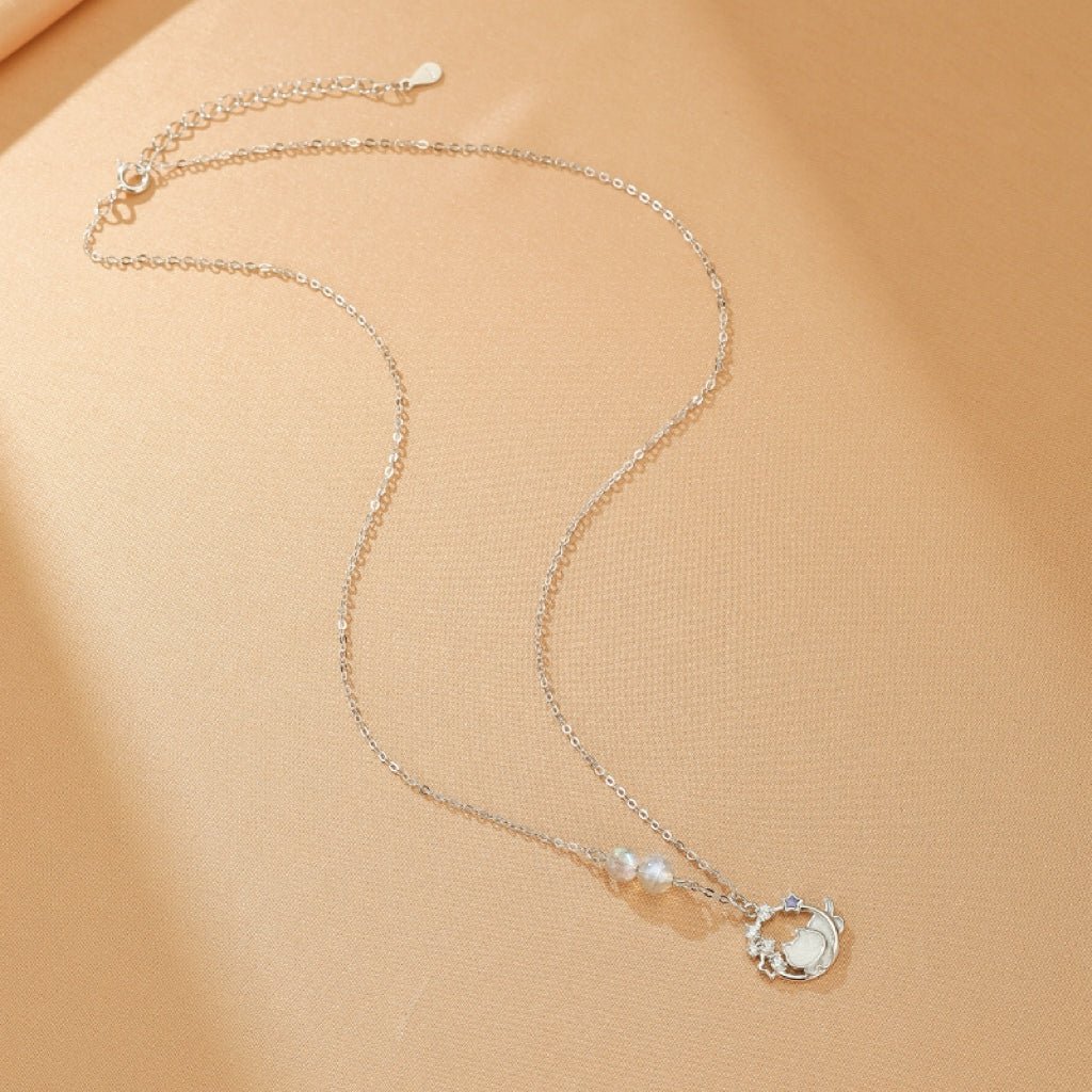 Collier Pierre de Lune Argent S925 avec Chat et Lune - Biloria