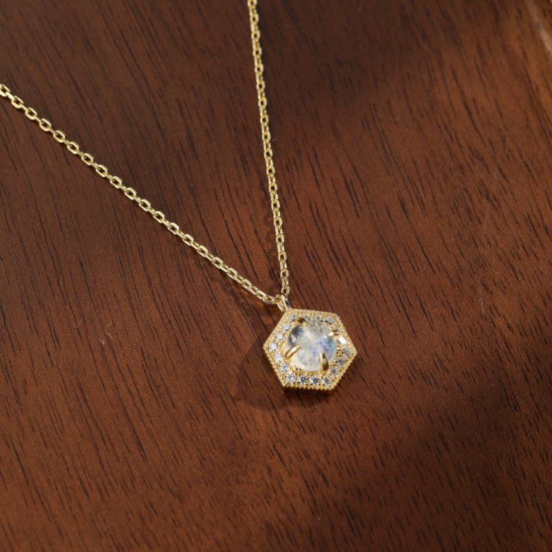 Collier Pierre de Lune Hexagone, Argent Plaqué Or - Biloria