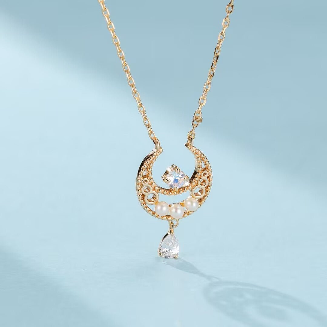 Collier Pierre de Lune Nacre Perle Zircon – Argent Plaqué Or - Biloria