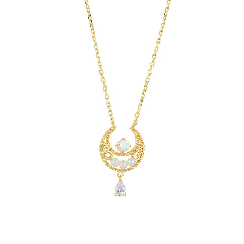 Collier Pierre de Lune Nacre Perle Zircon – Argent Plaqué Or - Biloria