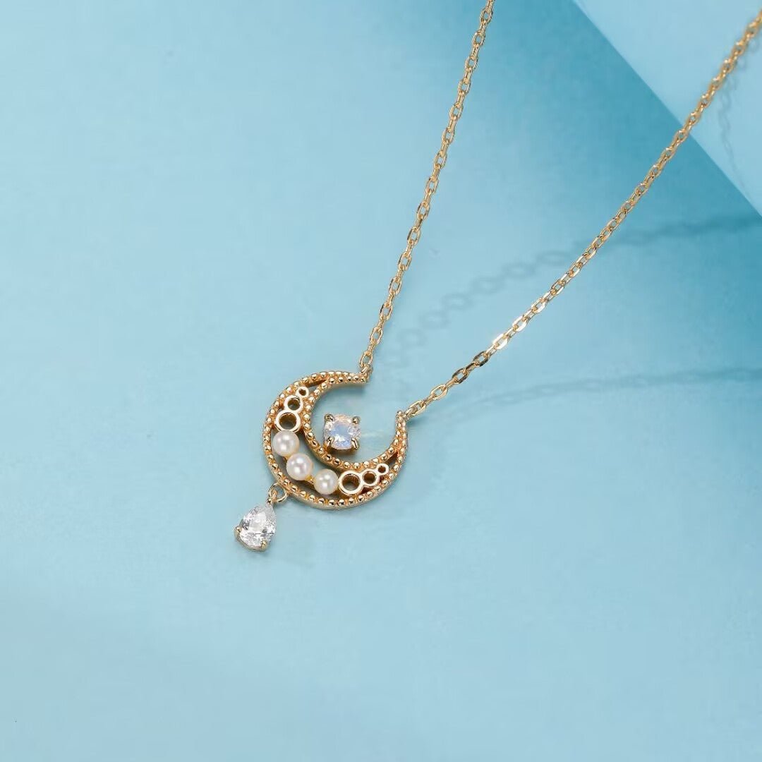 Collier Pierre de Lune Nacre Perle Zircon – Argent Plaqué Or - Biloria