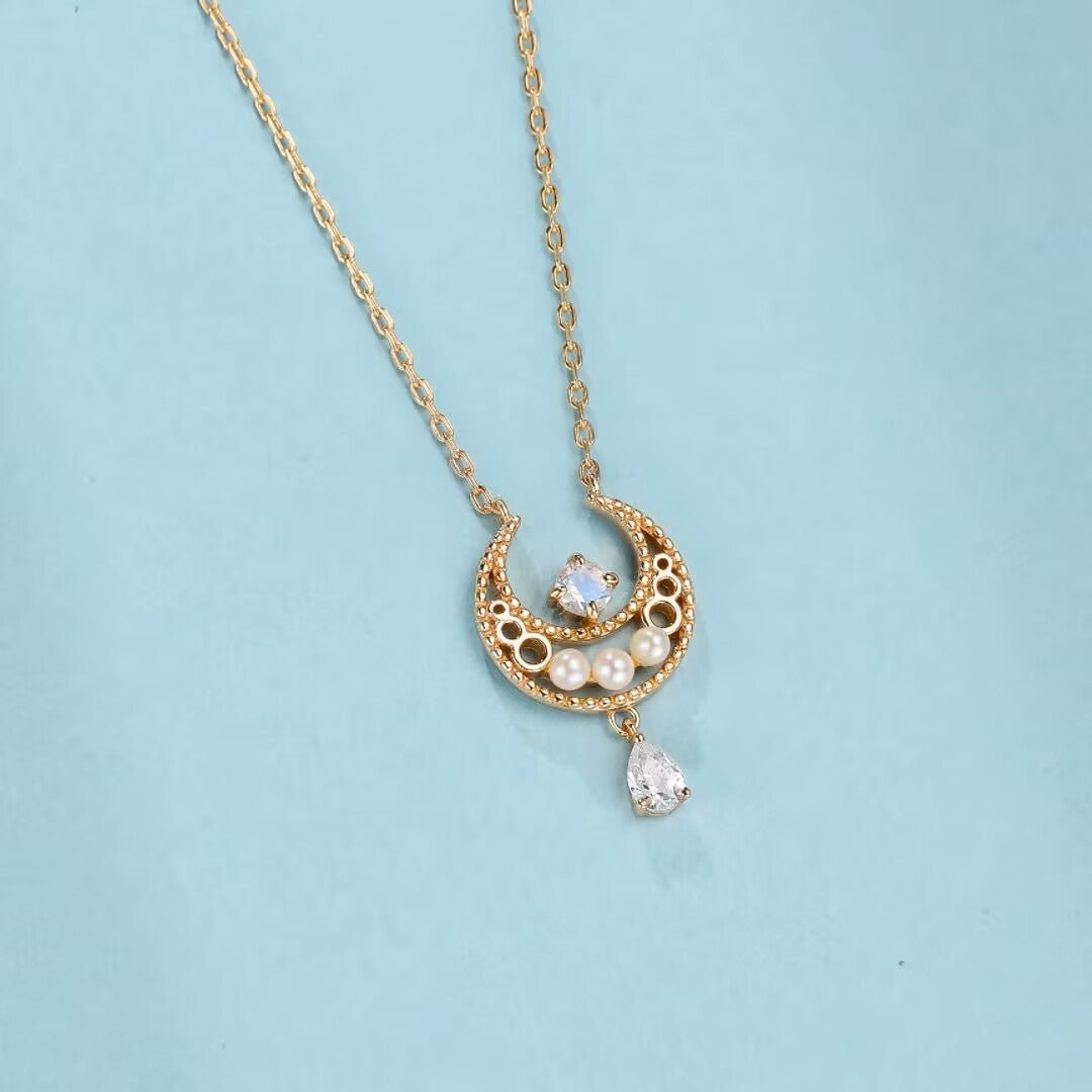 Collier Pierre de Lune Nacre Perle Zircon – Argent Plaqué Or - Biloria