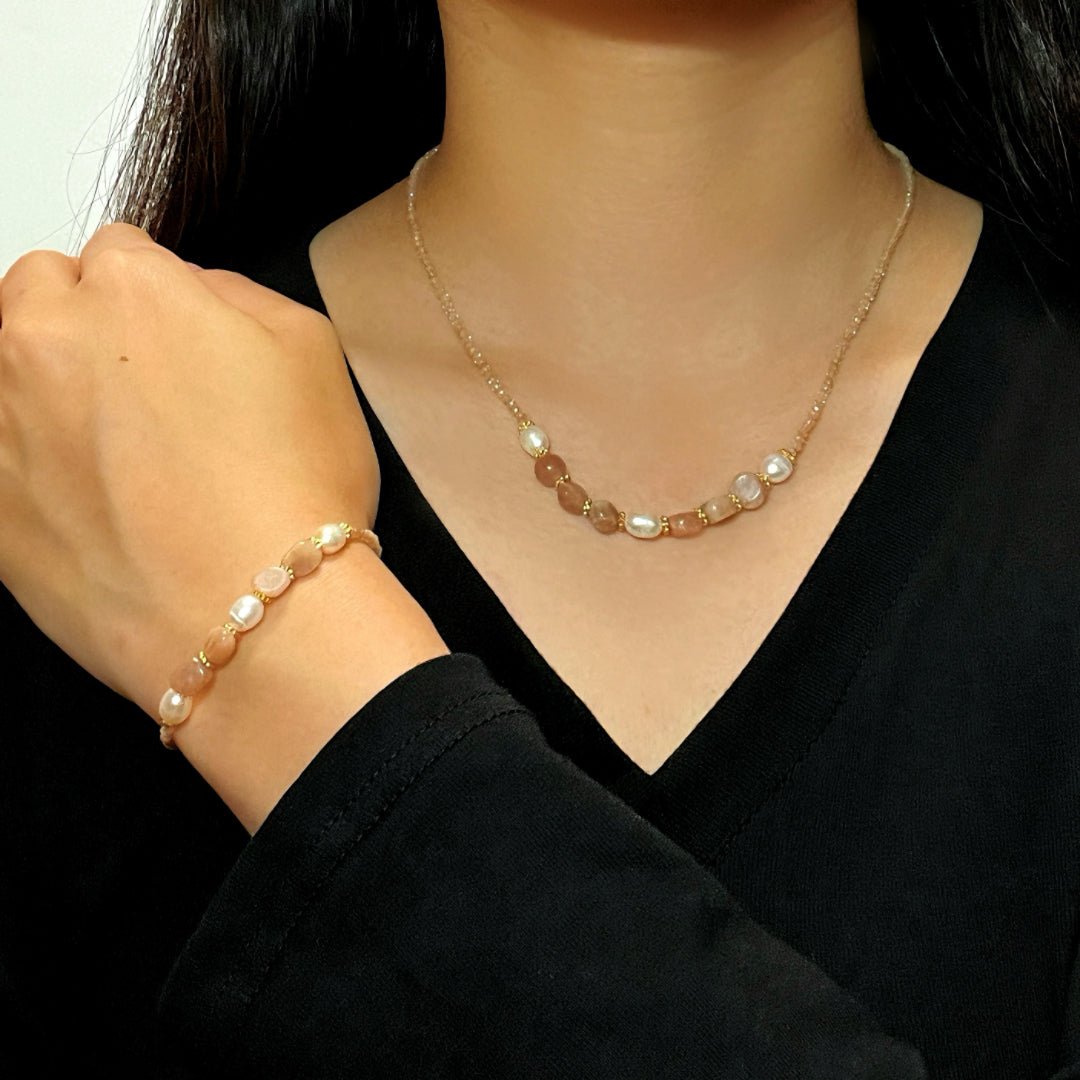 Collier Pierre de Soleil et Perle Naturelle – Bijou Lithothérapie - Biloria