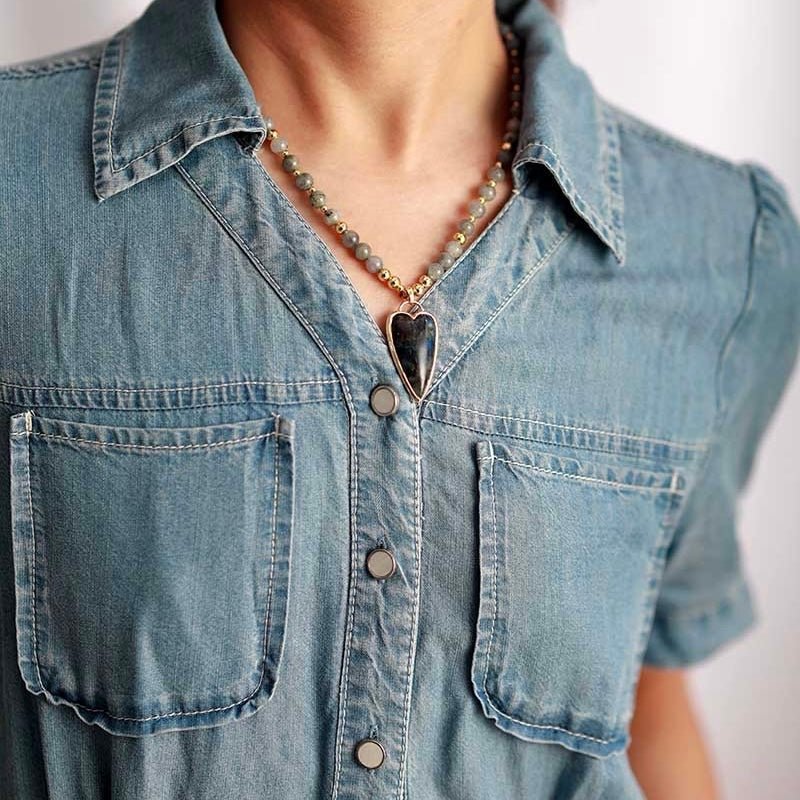 Collier Pierre Naturelle Labradorite ou Améthyste Cœur Plaqué Or - Biloria