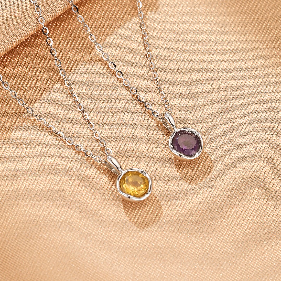 Collier Pierre Ronde Citrine ou Améthyste - Argent Plaqué Or - Biloria