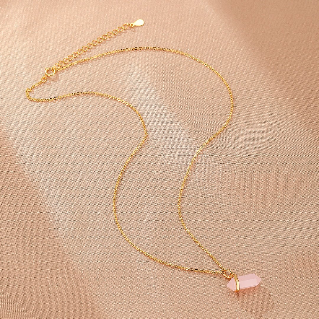 Collier Quartz Rose Double Pointe – Bijou Argent Plaqué Or 10K - Biloria